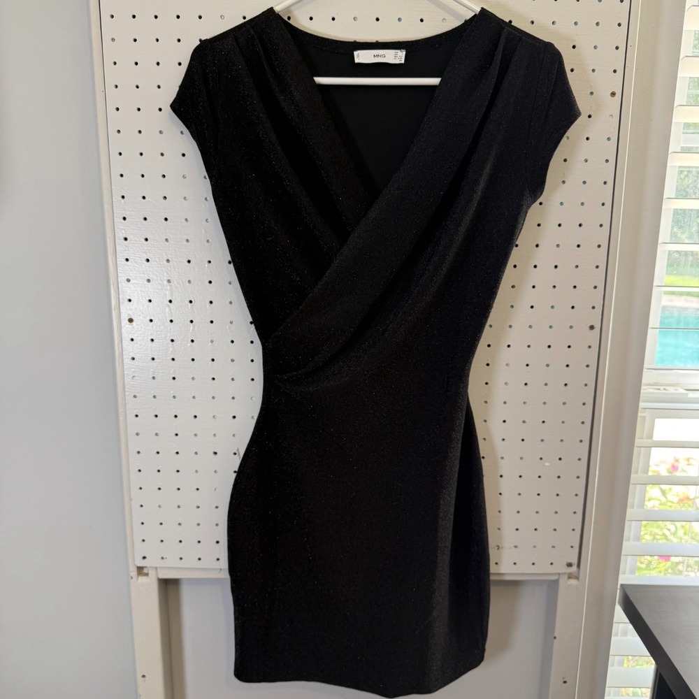 Mango Metallic Shimmer Wrap-Front Bodycon Dress Women's 2 Black Stretch Cocktail